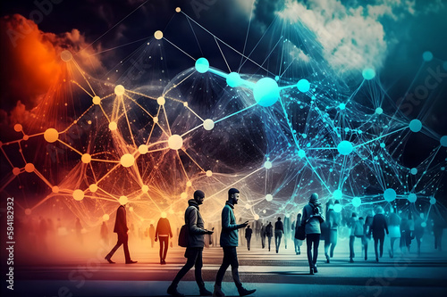 Connecting people on the internet, nodes transforming. Social network connections. Made by Ai