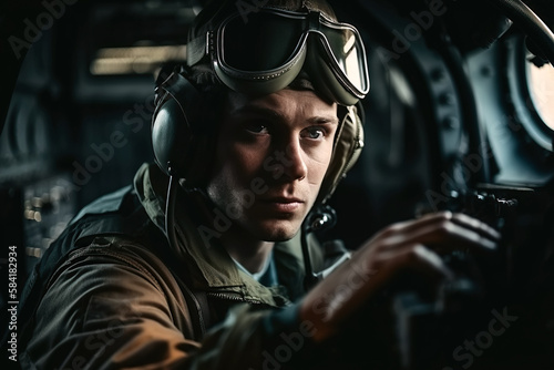 portrait of military pilot in cockpit of a modern fighter. Generative AI © alexkoral