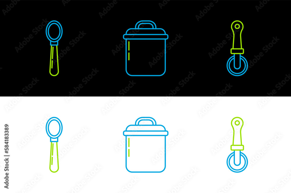 Set line Pizza knife, Spoon and Cooking pot icon. Vector Set line Pizza knife, Spoon and Cooking pot icon. Vector
