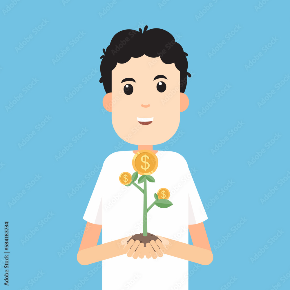 Money tree in man hand isolated. Revenue growth. Vector, flat, illustration Money tree in man hand isolated. Revenue growth. Vector, flat, illustration