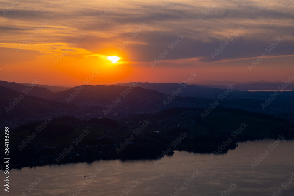Aerial View over Lake Lucerne and Mountain in Sunset in Lucerne, Switzerland.