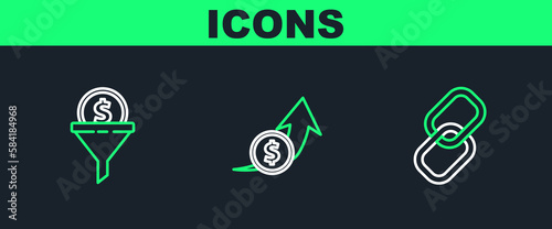 Set line Chain link, Lead management and Financial growth and coin icon. Vector