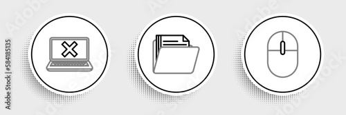 Set line Computer mouse  Laptop and cross mark on screen and Document folder icon. Vector