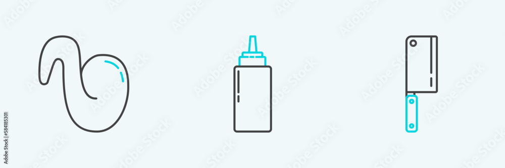 Set line Meat chopper, Fried chicken wing and Sauce bottle icon. Vector Set line Meat chopper, Fried chicken wing and Sauce bottle icon. Vector