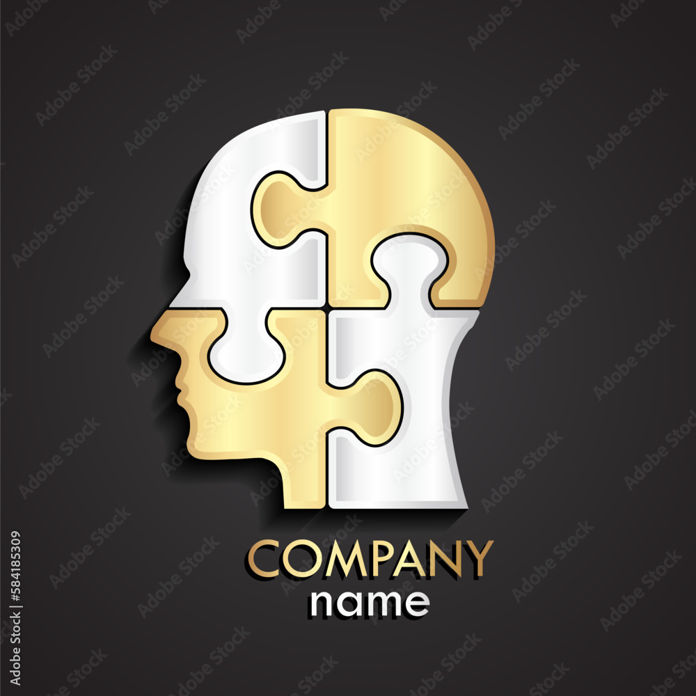 3d half silver gold puzzle human head logo