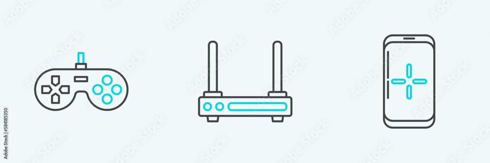 Set line Smartphone and playing in game, Gamepad and Router wi-fi signal icon. Vector Set line Smartphone and playing in game, Gamepad and Router wi-fi signal icon. Vector