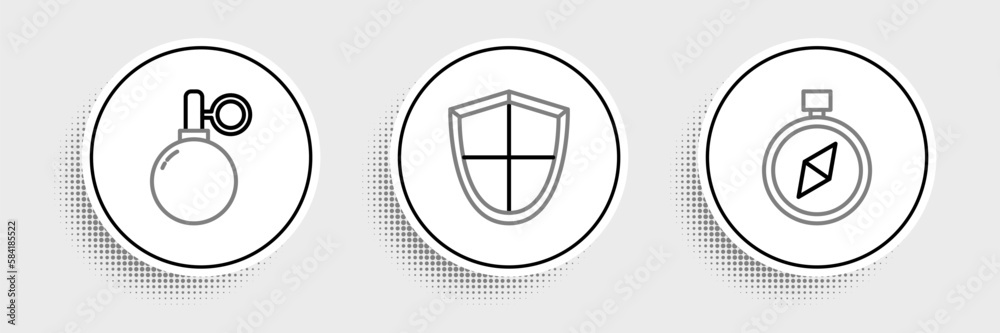 Set line Compass, Hand grenade and Shield icon. Vector Set line Compass, Hand grenade and Shield icon. Vector