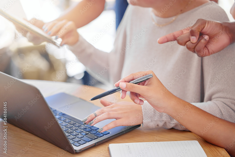 Fototapeta premium Office hands, laptop and business people teamwork, collaboration or cooperation on brand design, research or planning. Strategy, analysis and busy startup social media manager working on development