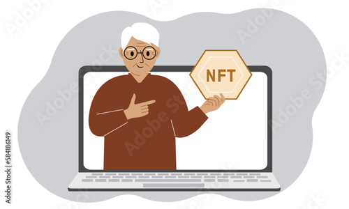NFT concept. A laptop in which a old man with the image of NFT in the palm of his hand. Auction of non-fungible tokens, markets, online education.