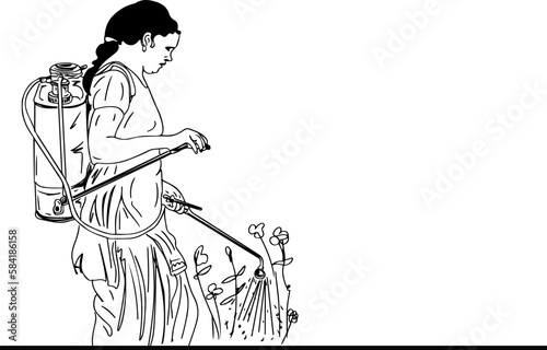 Agricultural Work: Sketch Drawing of Female Farmer Spraying Pesticide, Spraying the Fields: Line Art Illustration of Indian Woman Farmer, Line Art Illustration of Village Woman Spraying Fertilizer