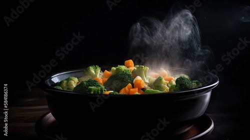 The steam from vegetables, black background. Generative AI