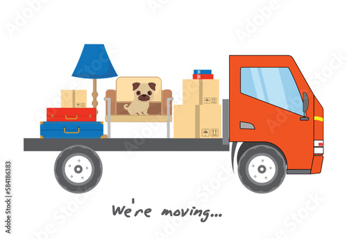 Transportation and home removal. Truck with boxes, suitcases, pet for moving. We're moving. Vector for your design. EPS10.