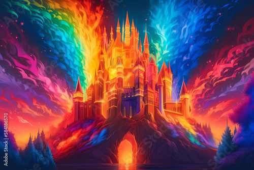 rainbow-colored castle. digital art illustration. generative AI.