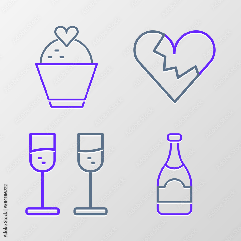 Set line Champagne bottle, Glass of champagne, Broken heart or divorce and Wedding cake with icon. Vector