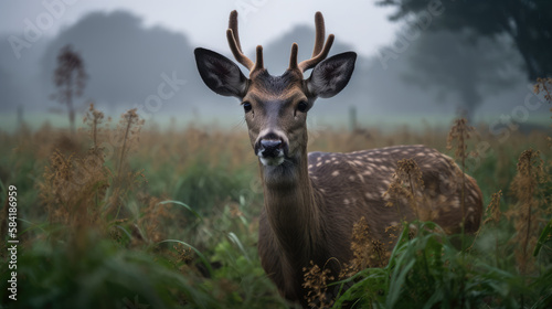 Junger Hirsch im Herbst bei Morgengrauen, Generative AI © Mediaparts