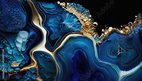 Wallpaper Mural Liquid Swirls in Beautiful Navy Blue colors, with Gold Powder. Luxurious Design Wallpaper. Generative AI. Torontodigital.ca
