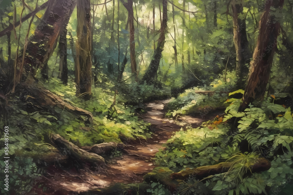 a lush forest on canvas. digital art illustration. generative AI. a lush forest on canvas. digital art illustration. generative AI.
