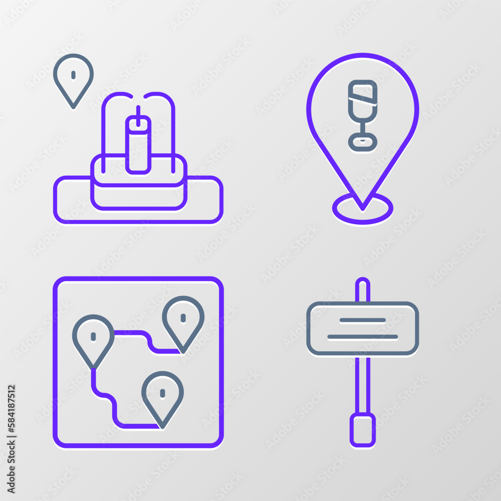 Set line Road traffic sign, Route location, Alcohol or beer bar and Location with fountain icon. Vector