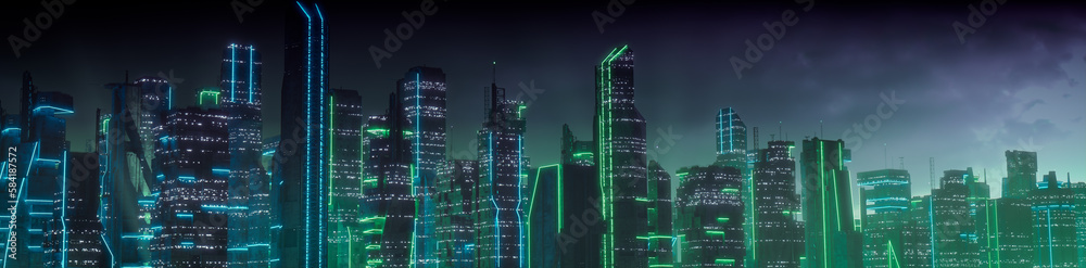 Sci-fi City Skyline with Green and Blue Neon lights. Night scene with Visionary Superstructures. Sci-fi City Skyline with Green and Blue Neon lights. Night scene with Visionary Superstructures.
