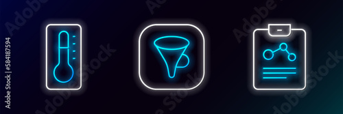 Set line Chemistry report, Medical thermometer and Funnel filter icon. Glowing neon. Vector