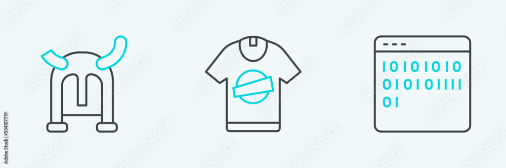 Set line Binary code, Viking horned helmet and T-shirt icon. Vector Set line Binary code, Viking horned helmet and T-shirt icon. Vector
