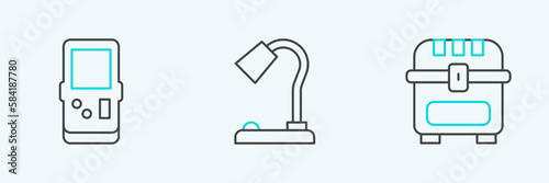 Set line Antique treasure chest, Tetris and Table lamp icon. Vector