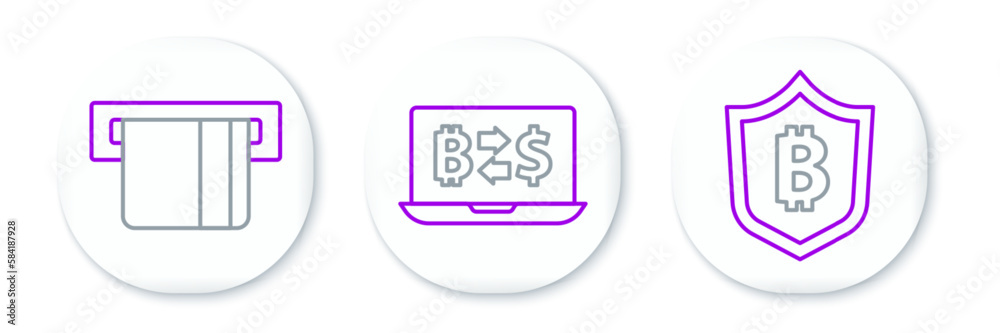 Set line Shield with bitcoin, Credit card inserted and Cryptocurrency exchange icon. Vector Set line Shield with bitcoin, Credit card inserted and Cryptocurrency exchange icon. Vector