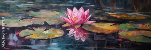 Blooming beautiful pink water lily lotus flower drifting in murky swamp pond, floating rustic green lily pad leaves, spring season joy, artistic low angle view - generative ai