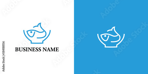 Illustration modern fish seafood sign on top bowl logo design