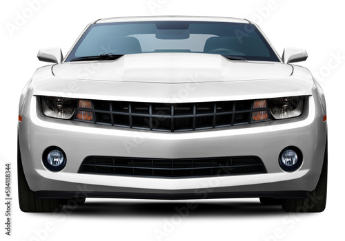 Powerful American muscle car in full white color front view. On a transparent background in png format. © andrew7726