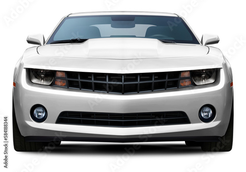 Powerful American muscle car in full white color front view. On a transparent background in png format.