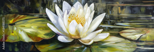 Blooming beautiful white water lily lotus flower drifting in murky swamp pond, floating rustic green lily pad leaves, spring season joy, artistic low angle view - generative ai