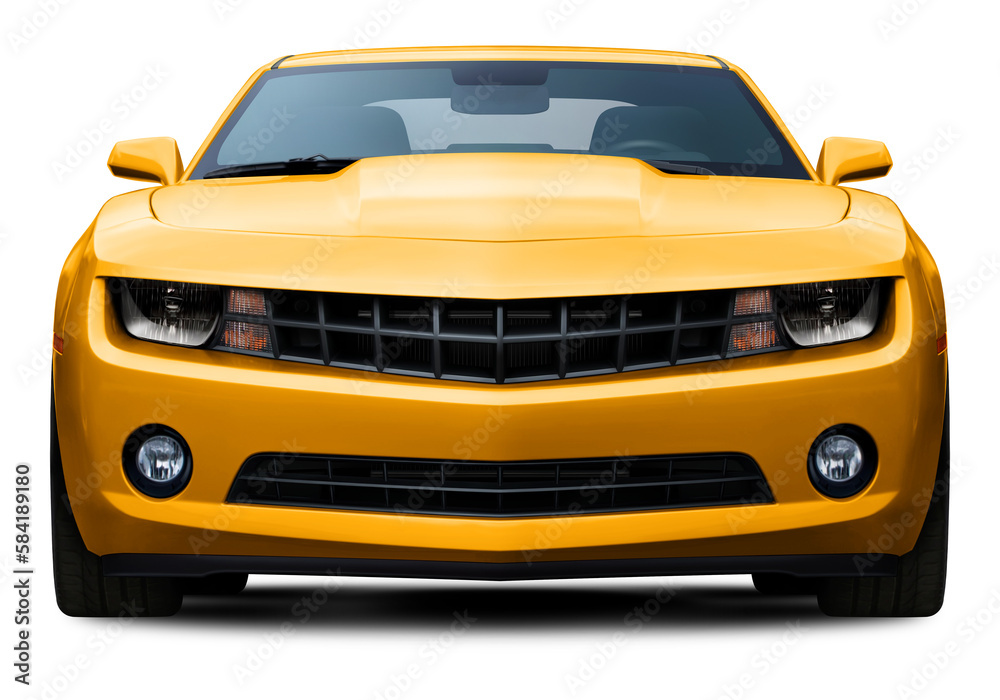 Powerful American muscle car in full yellow color front view. Isolated on a transparent background.