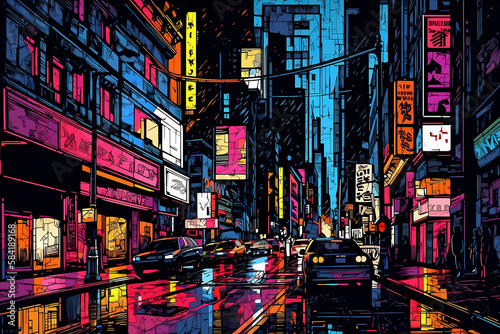 city street with neon lights. comic book. digital art illustration. generative AI.