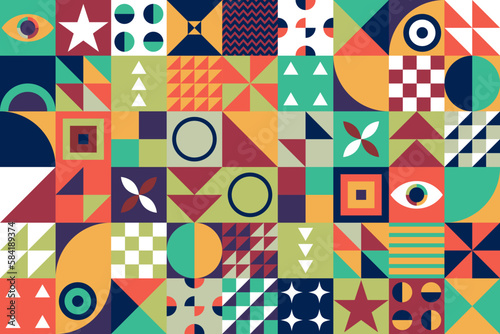 Neo geo pattern. Made with colorful geometric shapes and simple geometrical figures, for web background, poster fine arts, cover page and prins. photo