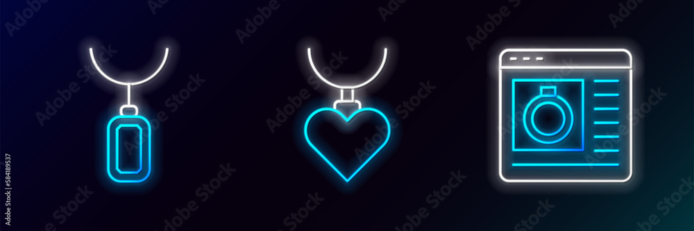 Set line Jewelry online shopping, Pendant necklace and Necklace with heart shaped pendant icon. Glowing neon. Vector Set line Jewelry online shopping, Pendant necklace and Necklace with heart shaped pendant icon. Glowing neon. Vector