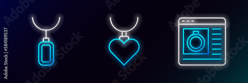 Set line Jewelry online shopping, Pendant necklace and Necklace with heart shaped pendant icon. Glowing neon. Vector