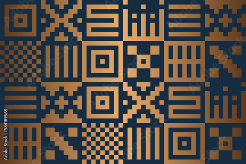 Seamless vector ethnic geometric golden pixel pattern. Abstract mexican background with gold bronze texture. Copper graphic print. Repeating folk sacral grid. Aztec native luxury wrapping paper