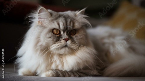 An adorable fluffy Persian cat grooming itself on a plush cushion. Generative AI © Наталья Евтехова