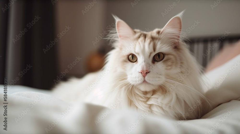 A fluffy and cuddly American Curl cat resting on a soft bed. Generative AI A fluffy and cuddly American Curl cat resting on a soft bed. Generative AI