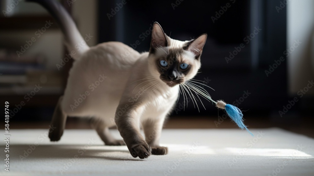 A playful Tonkinese cat chasing a feather toy. Generative AI