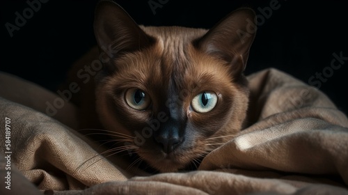 A curious and friendly Burmese cat poking its head out from under a blanket. Generative AI