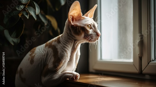 A curious and alert Cornish Rex cat perched on a windowsill. Generative AI