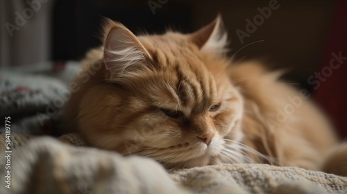 A fluffy and adorable Scottish Straight cat napping on a woolen blanket. Generative AI