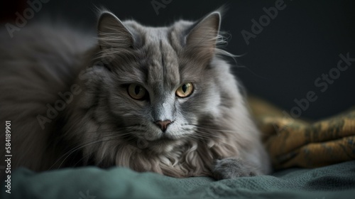A fluffy and cuddly Nebelung cat resting on a soft blanket. Generative AI © Наталья Евтехова