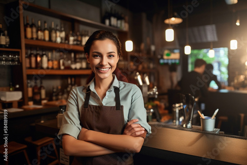 Waitress in front of the top bar looking at camera in her restaurant.