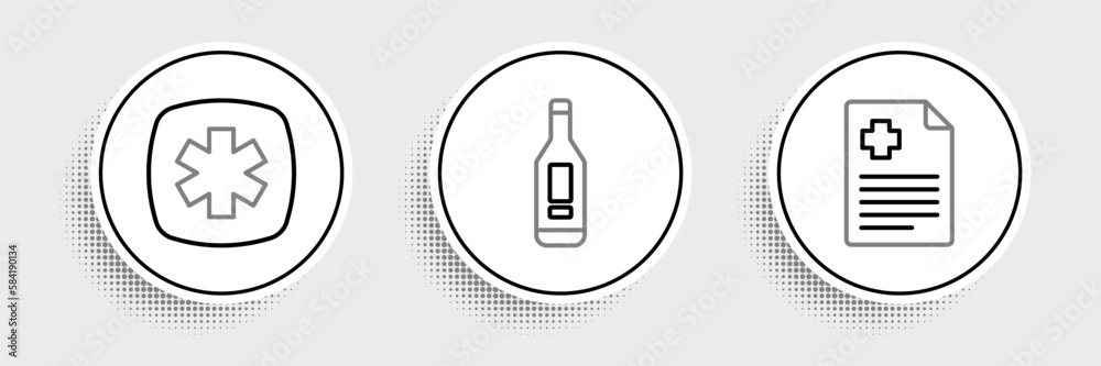 Set line Patient record, Emergency - Star of Life and Digital thermometer icon. Vector