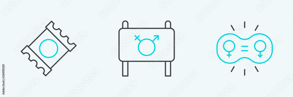 Set line Gender equality, Condom in package and Feminist activist icon. Vector Set line Gender equality, Condom in package and Feminist activist icon. Vector