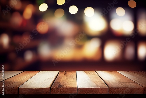 Blurred Bokeh Cafe Background. Empty wooden Table Space for Your product or coffee