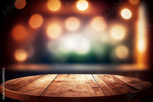 Blurred Bokeh Cafe Background. Empty wooden Table Space for Your product or coffee